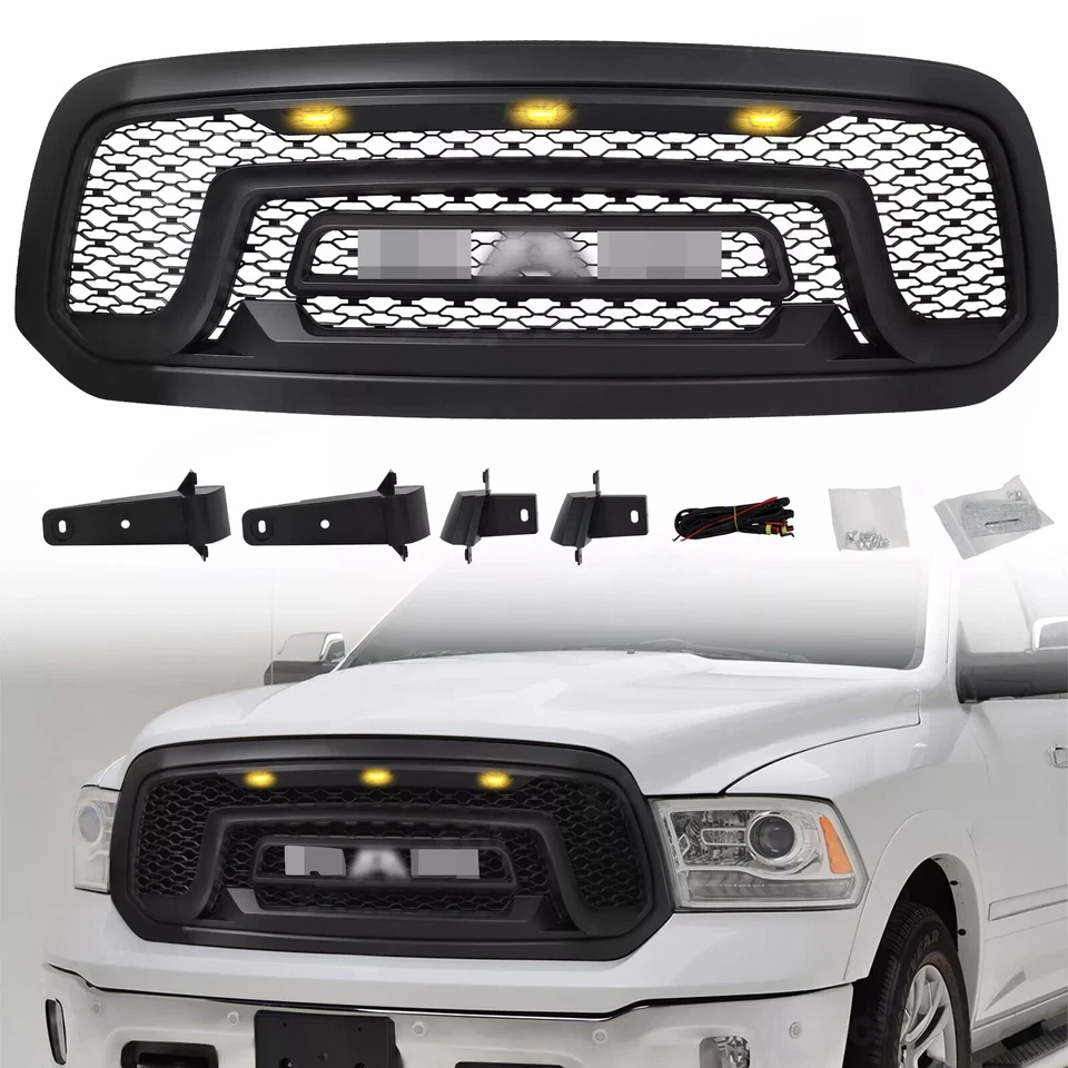 For 2013-2018 Dodge Ram 1500 Front Bumper Grille W/Letters&LED Rebel Style Black Foto 3 de 4