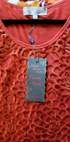 NEW PRETTY ANGEL ORANGE SILK CHIFFON LACE OVERLAY LONG SLEEVE BOHO BLOUSE LARGE - Picture 8 of 12