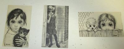 THREE PIECE VINTAGE WALTER KEANE BLACK AND WHITE POST CARDS