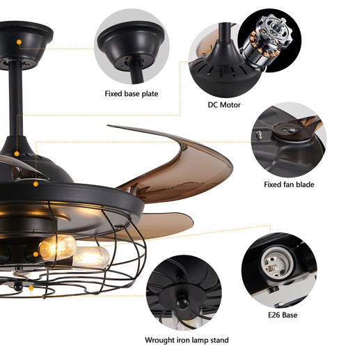 48" Black Caged Ceiling Fan Light Farmhouse Flush Mount with Remote Control kit - Picture 9 of 13
