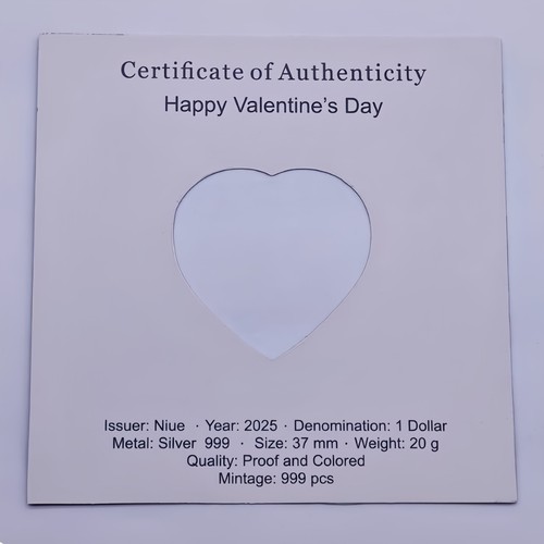 Niue 2025 $1 Dollar Silver Proof Coin Valentine`s Day Love Crystal Heart Bear - Picture 8 of 8