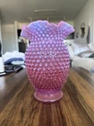 Vintage Fenton Glass Cranberry Pink Opalescent Hobnail with Ruffled Edge Vase