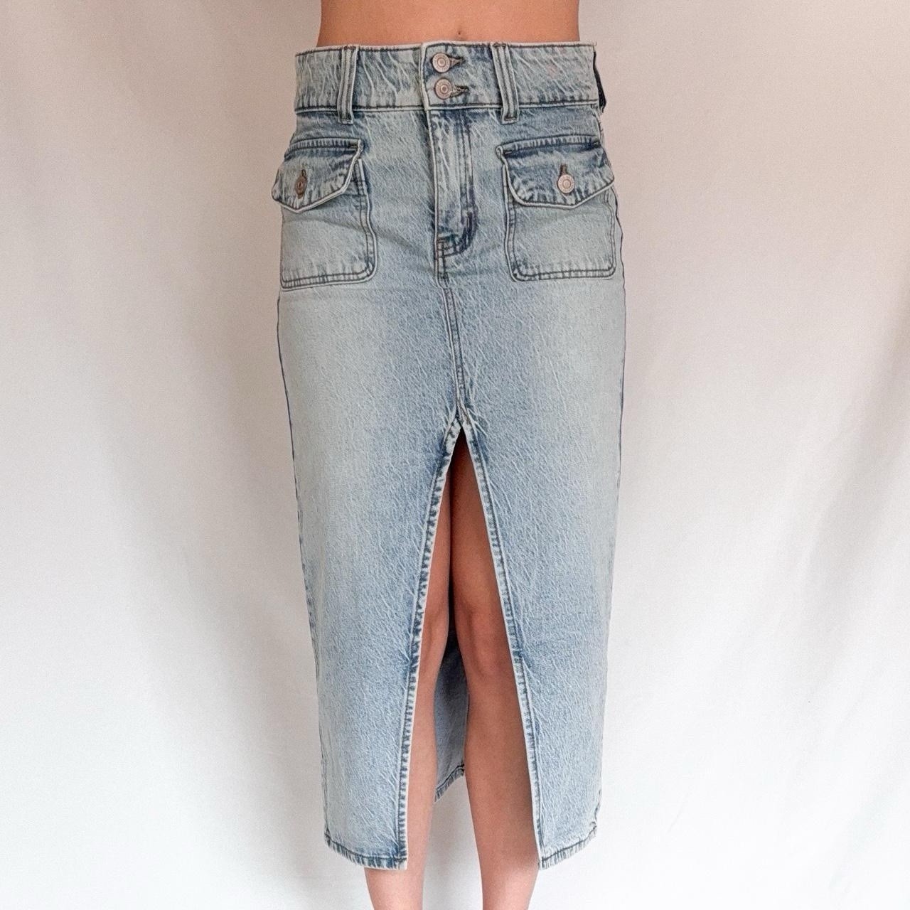 Denim Midi Skirt Light Blue High Rise Front Slit Pockets Button Women's