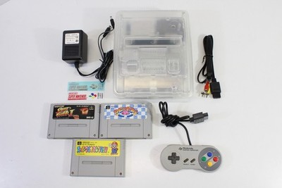 Nintendo Super Famicom Clear White Console Cont x1 Game x3 PLAY