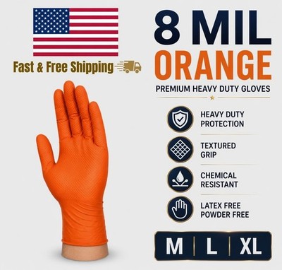 Nitrile Premium Gloves 8 Mil Raised Diamond Texture Industrial Gloves Orange USA