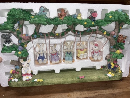Quintet of Swinging Bunnies Scene w/ Easter Spring Theme Decor Table Display - Picture 3 of 11