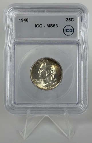 1940 Washington Silver Quarter ICG MS63 90% Silver Brilliant Uncirculated Toned