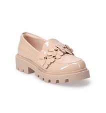 Girls Beige Patent Leather Flower Lyette Girls, Kids Slip On Loafers, Shoes 3 4