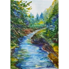 Original Art Harmony Nature Painting Positive Energy: Forest Stream Watercolor