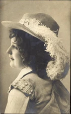 RPPC Denmark young woman ethnic costume? Feather hat ~ 1909? see cancel date