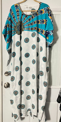 NEW NWT MUMU 2X 3X SANTE KAFTAN CAFTAN HOUSE DRESS TEAL WHITE GOLD BLUE #HJ