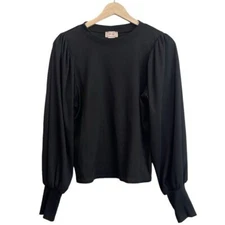Love...Ady Ribbed Stretch Knit Puff Long Sleeve Pullover Blouse Size L Black