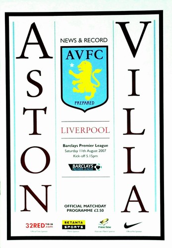 Aston Villa v Liverpool 11/8/2007 Premier League. MOLTO RARO.