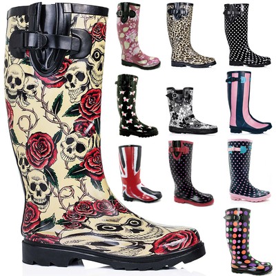 NEW WOMENS FLAT FESTIVAL WELLIES WELLINGTON KNEE HIGH RAIN BOOTS US 5-10