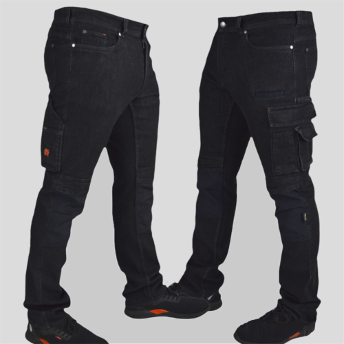 Mens Work Jeans Black Stretch Denim Cordura Knee Pad Pockets Heavy Duty Trousers - Afbeelding 1 van 44