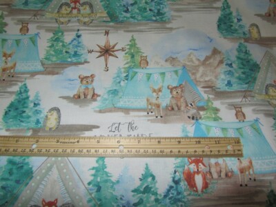 3 Wishes White/Blue Woodland Animal/Bear/Deer/Owl/Racoon Cotton Fabric BTY