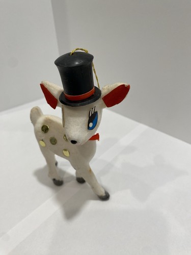 MCM Vintage Christmas Reindeer Ornament Flocked Blue Eyed Top Hat Retro - Picture 4 of 8