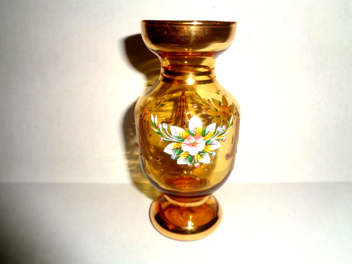 BOHEMIA Czechia CRYSTAL AMBER SMALL VASE FLORAL w/Applied Flowers 24 K Gold