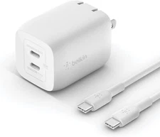 Belkin BoostCharge Pro GaN Dual Wall Charger 65W + USB-C To USB-C Cable White