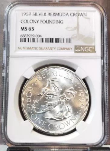 1959 BERMUDA SILVER CROWN COLONY FOUNDING ANNIVERSARY NGC MS 65 SCARCE GEM