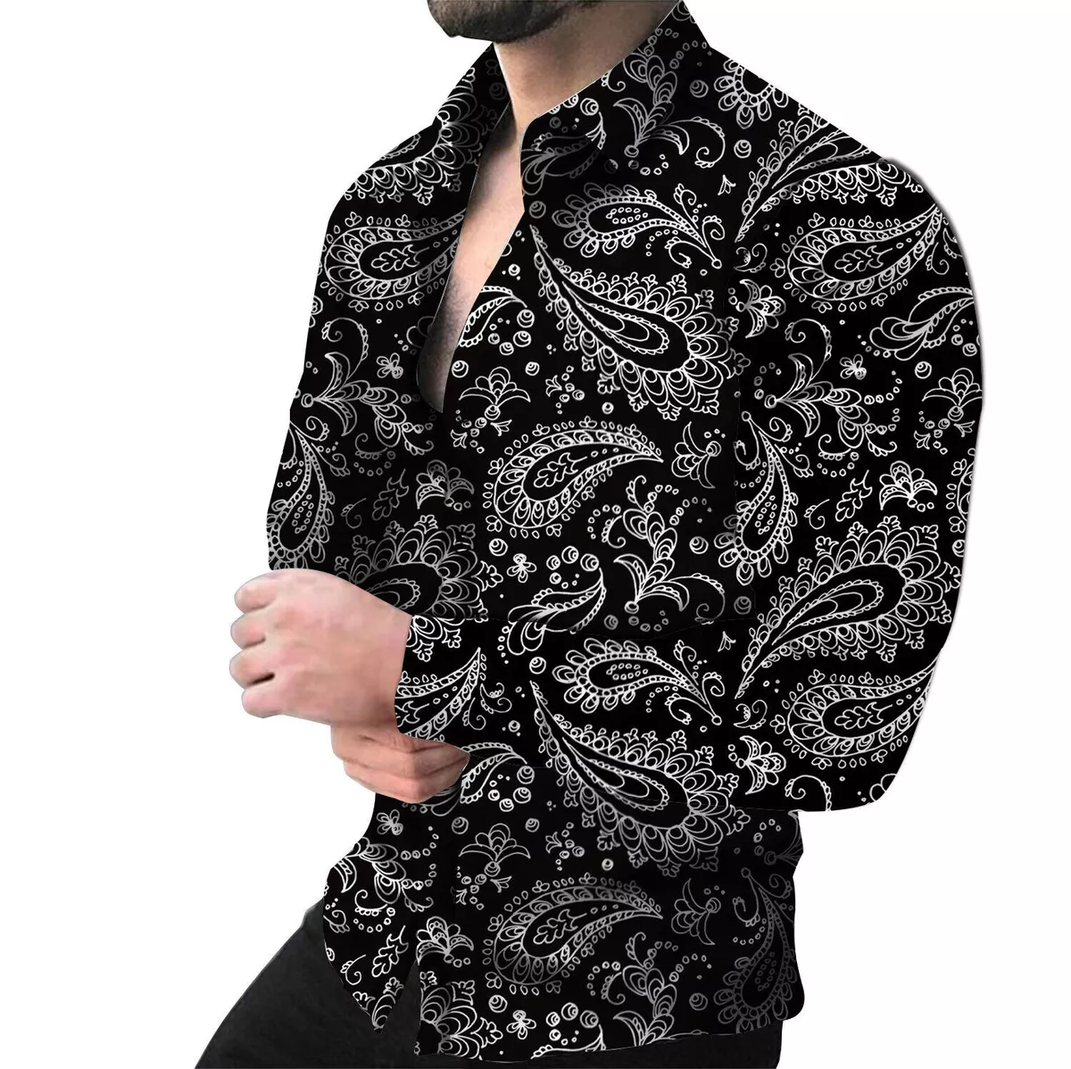 Button Down Shirts Men Paisley Long Sleeve Black White Soft Classic Fit  Party Up