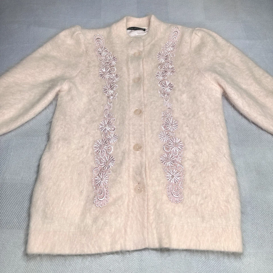 Cárdigan Suéter Floral Perla Angora Rosa Conejo Lee Sands Años 80 Talla Única Foto 2 de 4