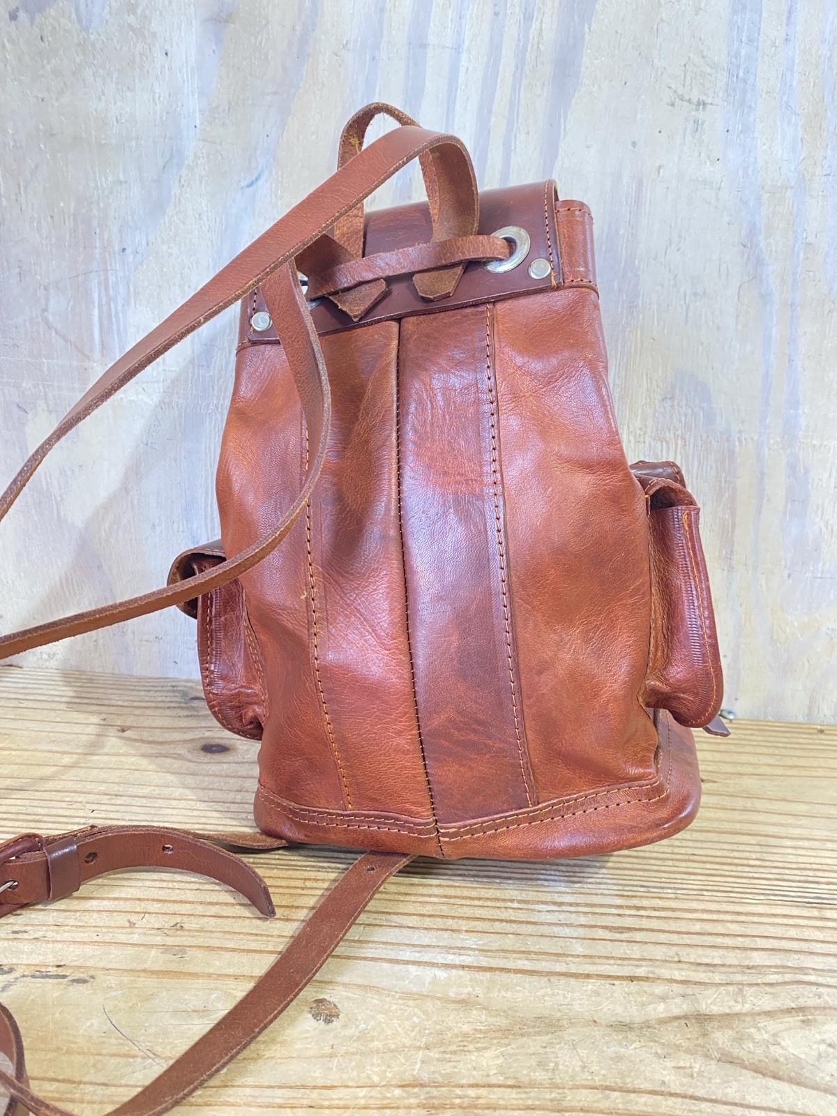 Handmade Small Brown Leather Drawstring Back Pack… - image 8