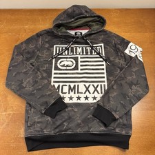 Ecko Unltd Hoodie Mens Medium Green Camo Pullover Y2K Fleece Sweatshirt