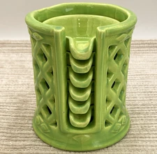 Vintage Green Ceramic Ashtray Set Of 6 With Holder Stackable