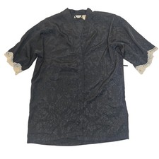 Delicates Vintage Black Paisley Jacquard Robe Lace Trim Short Sleeve Medium