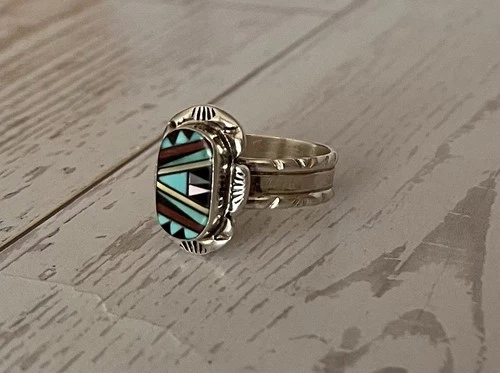 Vintage Zuni Pueblo Indian Tribe Handmade Sterling Silver Ring size 8 1/4