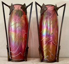 Art Nouveau Bohemian Kralik Loetz Ruby Iridescent Glass Bronze Vases Pair 11.5  