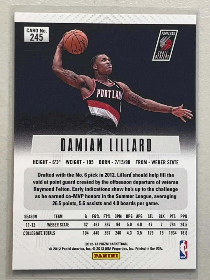 Damian Lillard 2012-13 Panini Prizm Base Rookie Card RC #245 Trailblazers - Image 2 of 2