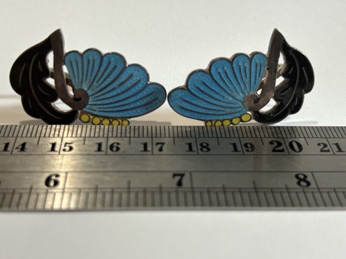 Vintage Sterling Silver Blue Enamel Butterfly Screw Back Earrings Signed