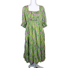 Antheaa Chiffon Dress Womens XL Pink Green Tiered Smocking Casual Boho Festival