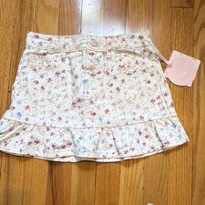 LoveShackFancy Girls 10 Cream Floral Denim Mini Skirt Ruffle Zip Pockets