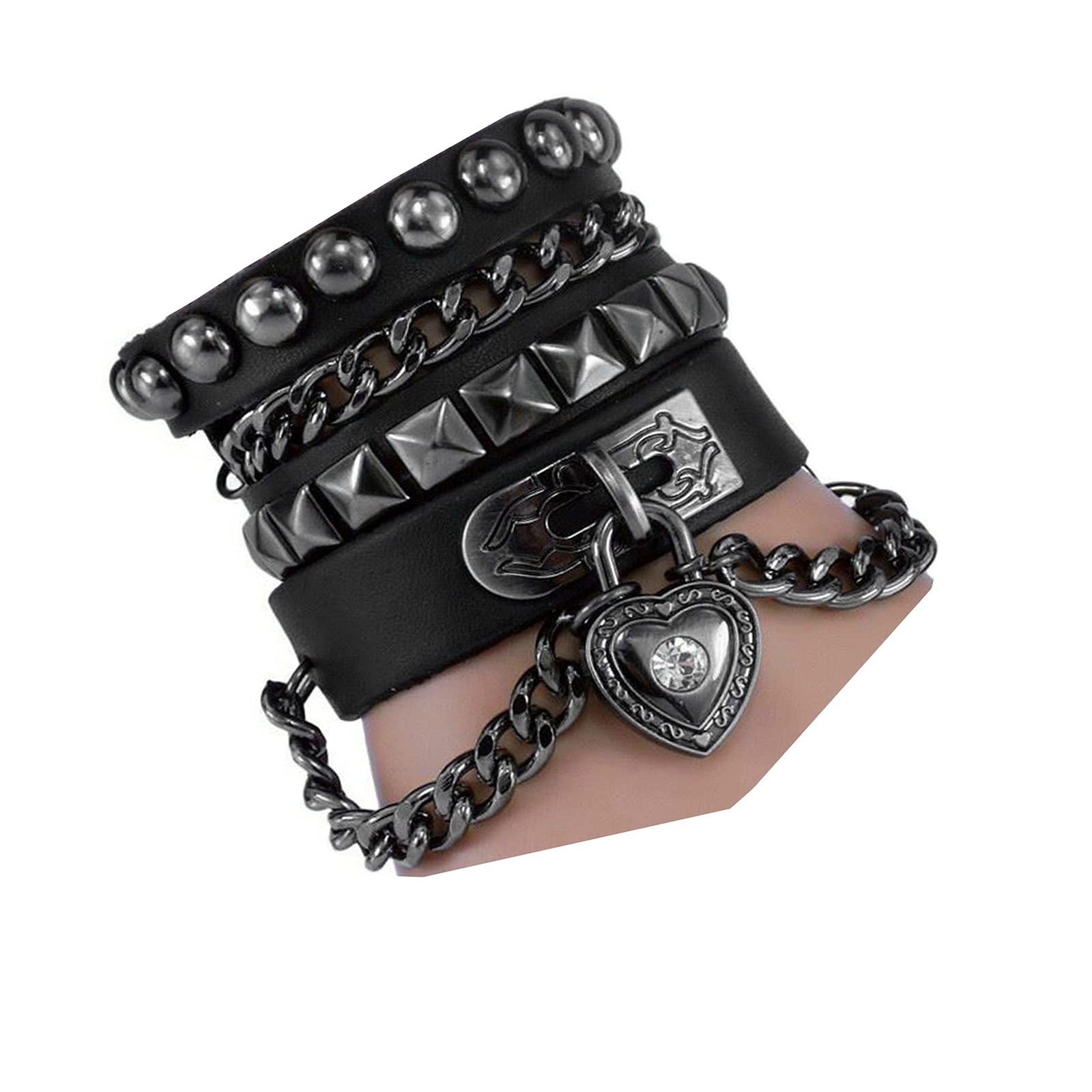 Black Rivet Studded Leather Cuff Bracelet with Heart Pendant & Chain