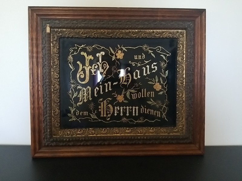 Antique Victorian Era Foil Reverse Print German Proverb on Glass Ornate Frame.