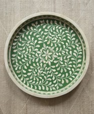 Large Bone Inlay Floral Green and White Round Decorative Tray 18" x 2 1/4"
