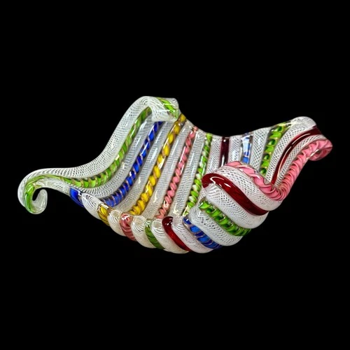 Vintage Murano Art Glass Boat Centerpiece Multicolor Latticino Ribbons Unsigned