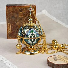 Orthodox Church Censer Gold Plated Hanging Incense Burner with Bells & Cross