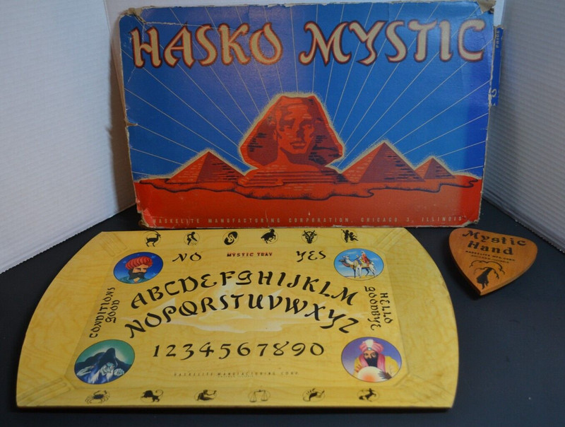 Hasko Mystic Ouija Board complete Planchette Box Zodiac signs 1940s Mystic Hand