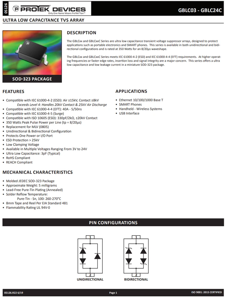 20Pcs GBLC05C-LF-T7 ProTek Ultra Low Capacitance TVS Array Diode Bidirectional - Image 3 of 4