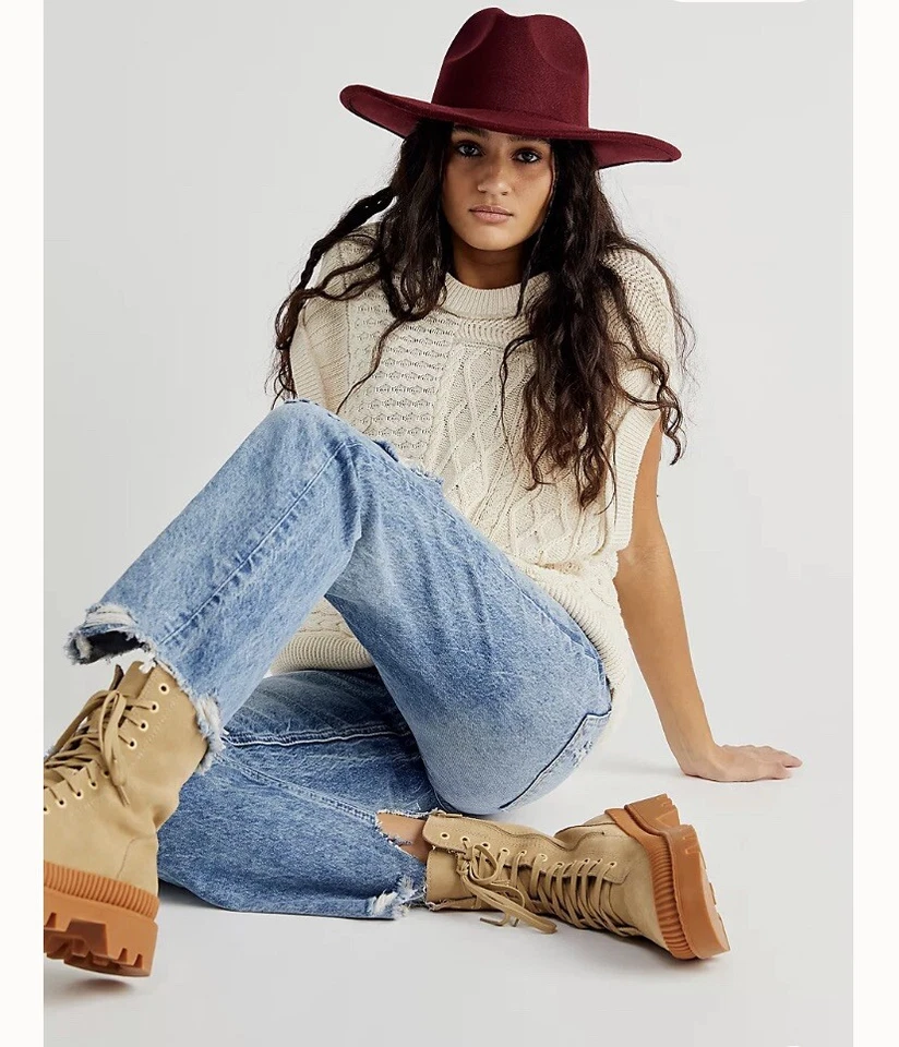 Nuevo Sombrero Free People Clean Pizarra OS Castaño Borgoña Ala Ancha Occidental Foto 2 de 4