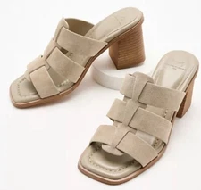 New Marc Fisher LTD Louisa Leather Block Heel Slip On Mules Woven Gray Size 11M