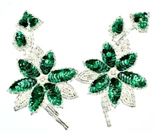 Emerald Green Sequin Floral Appliques(2)Silver Beads,Sequins,Crystal Center,5x3"