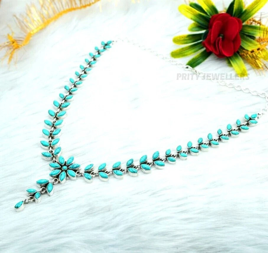 Natural Turquoise Necklace 925 Sterling Silver Handmade Gemstone Jewelry - Image 3 of 4