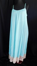 Vintage Teal Blue Van Raalte long night gown, Irreg, Small, 6 1/2" beige lace