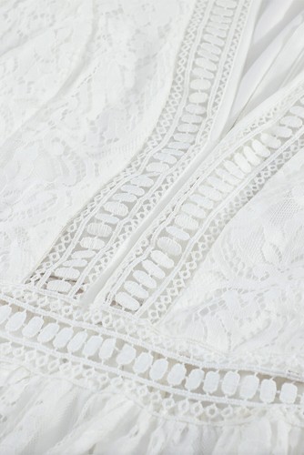 Women Pink White Short Sleeve Crochet Bridal A-Line Lace V Neck Bride Maxi Dress - 第 7/15 張圖片