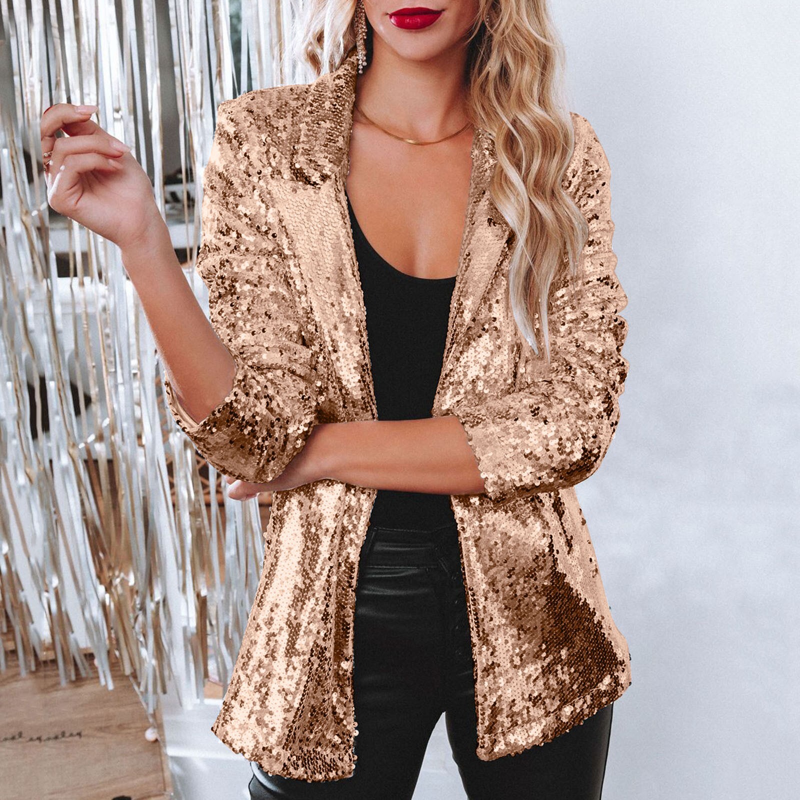 Womens Glitter Sequin Blazer Suit Open 